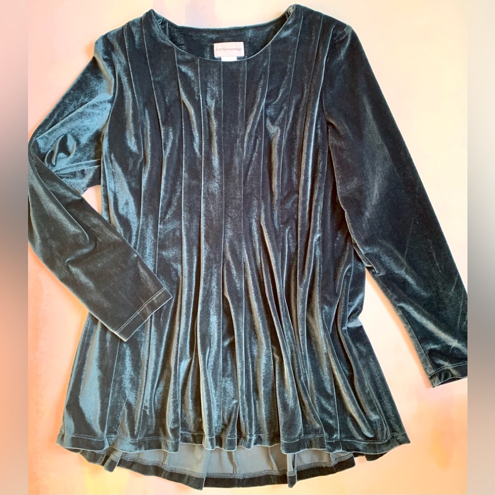 SOFT SURROUNDINGS Peacock Blue Velvet Swing Hi/Low Tunic Top Long Sleeves GREAT!